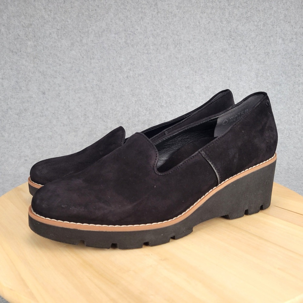 Vionic Willa Wedge Loafers Women 10‎ Black Suede Water Repellent Lug Sole Shoes